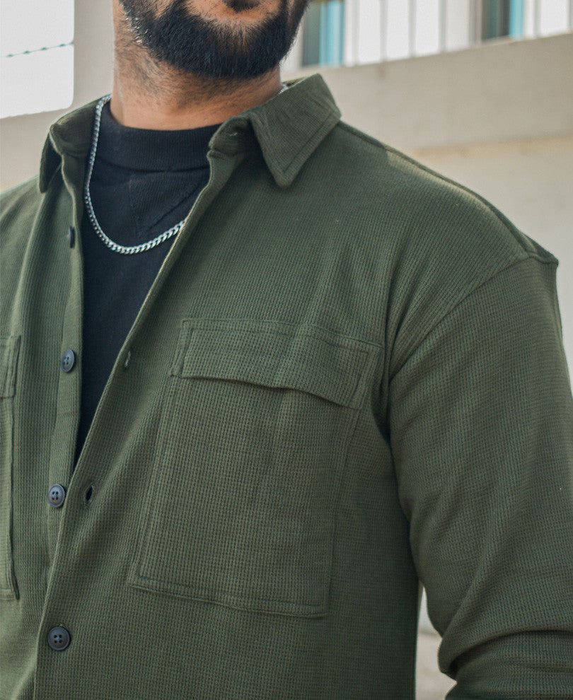 Dark Green Chest Pocket Oversize Drop Shoulder Shirt