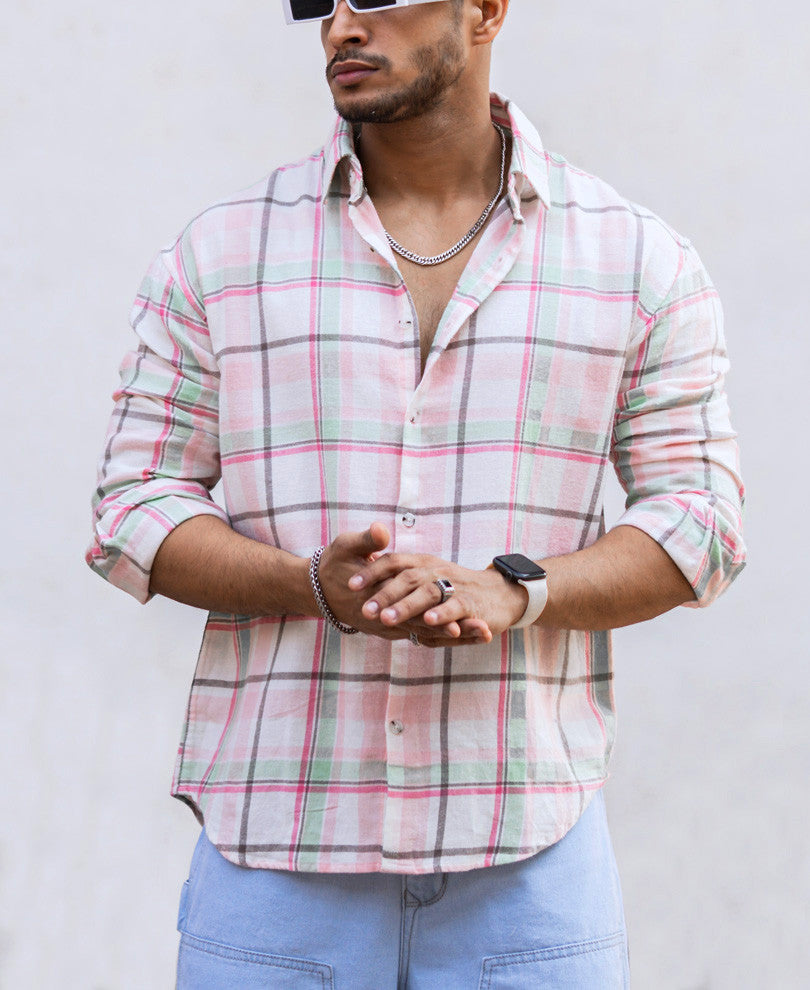 Light Pink Check Oversize Drop Shoulder Shirt