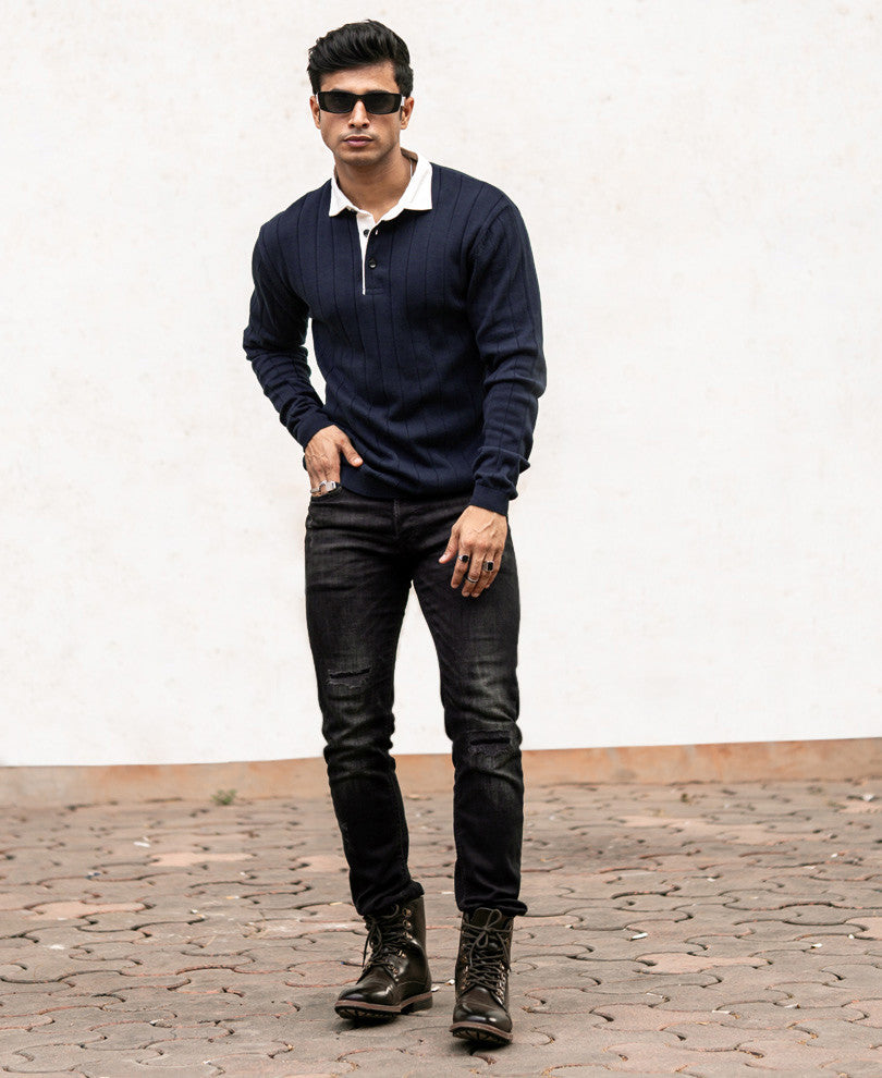 Navy Blue Polo Collar Full Sleeves Sweatshirt