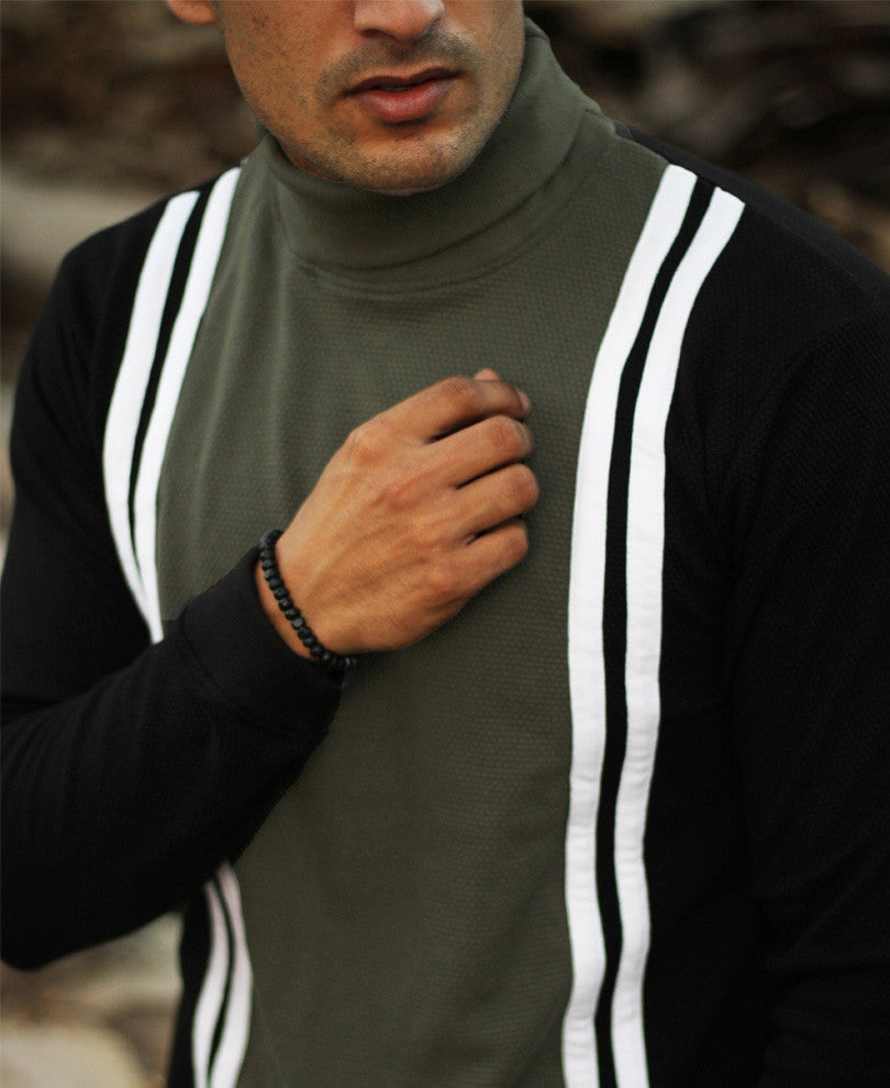 Olive Green Multi Stripe Polo Neck Full Sleeves T Shirt