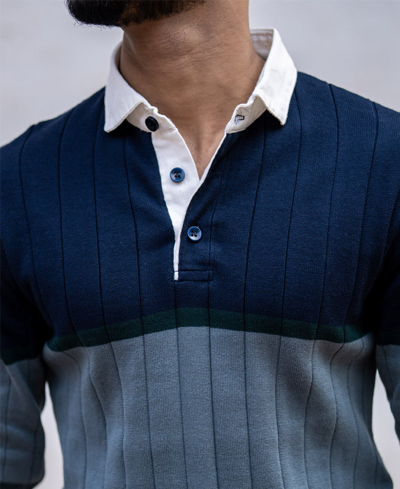 Navy Blue Panel Polo Collar Sweatshirt