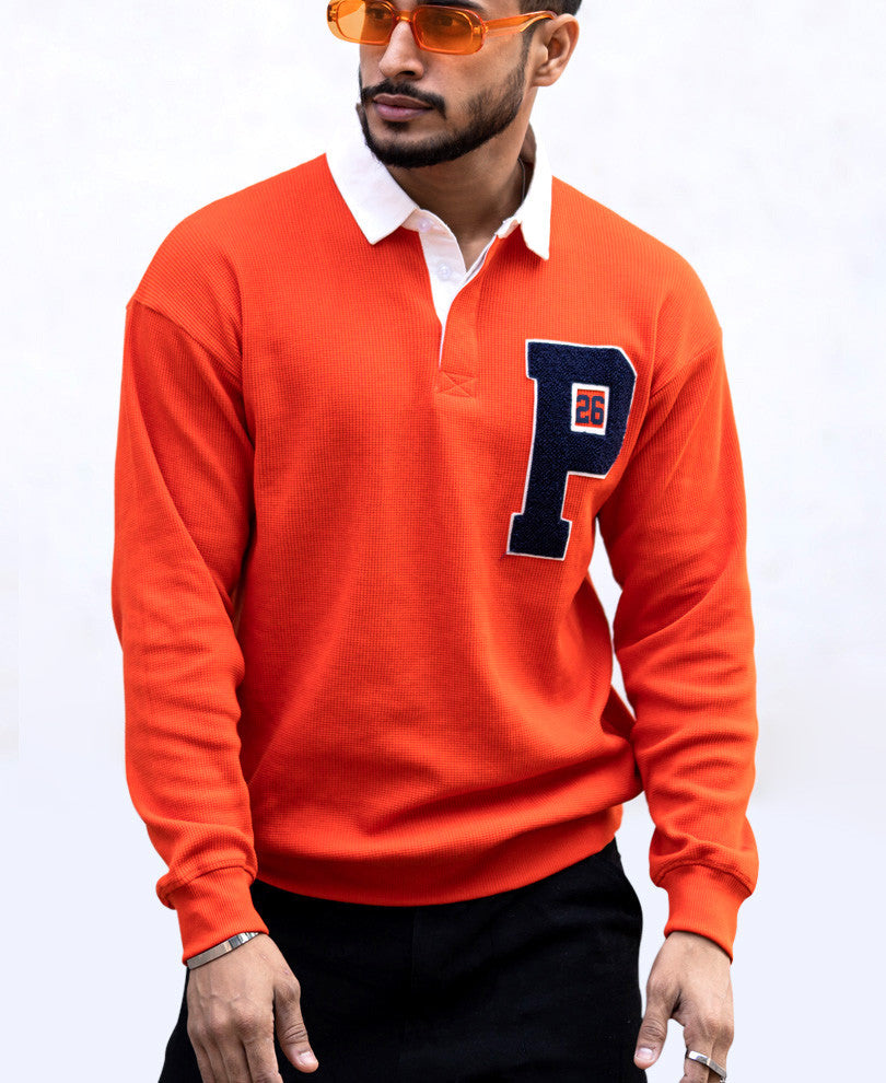 Orange Polo Collar Oversize Drop Shoulder Sweatshirt