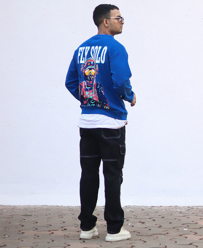 Blue Fly Solo Back Print Oversize Drop Shoulder Sweatshirt