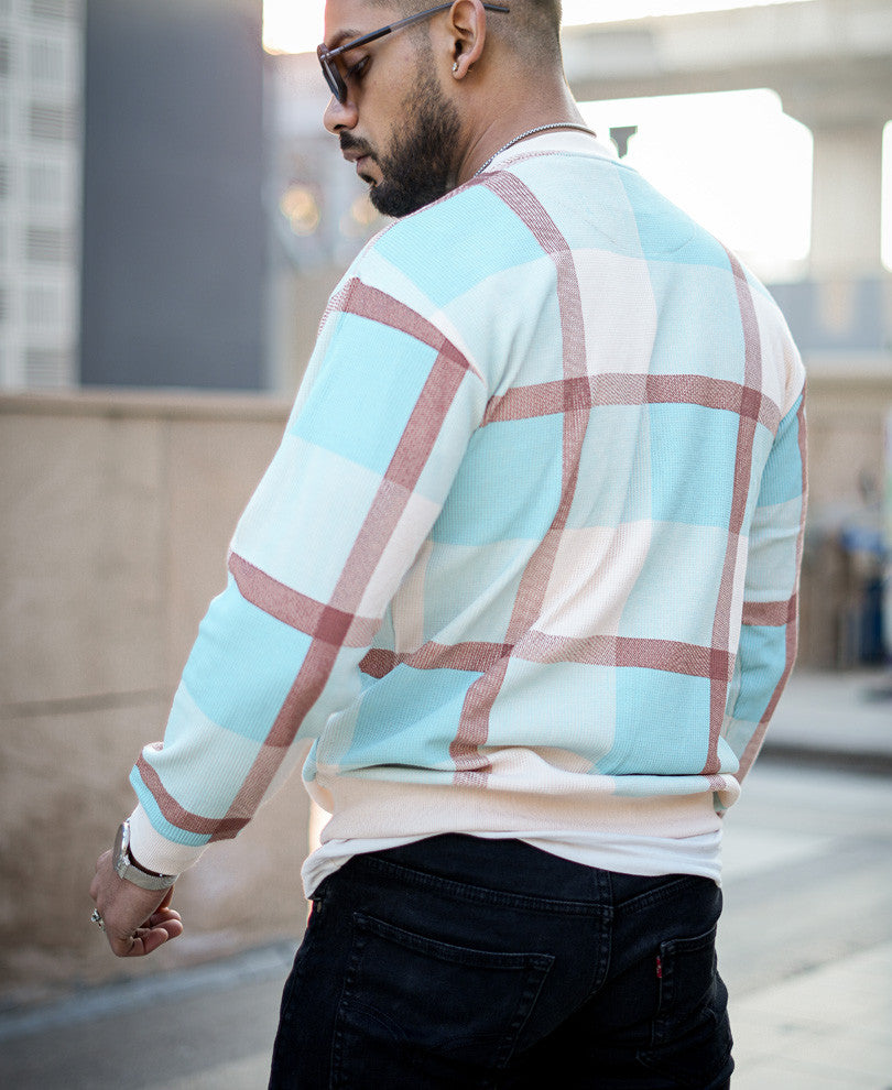 Sky Blue Checks Oversize Drop Shoulder T Shirt