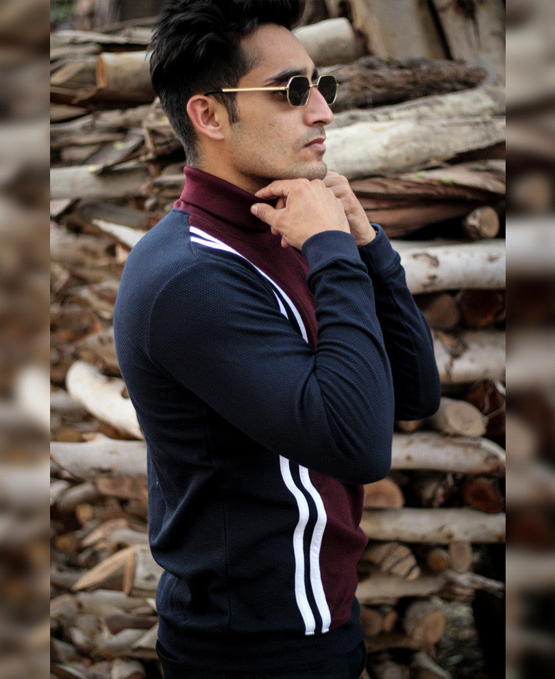 Maroon Multi Stripe Polo Neck Full Sleeves T Shirt