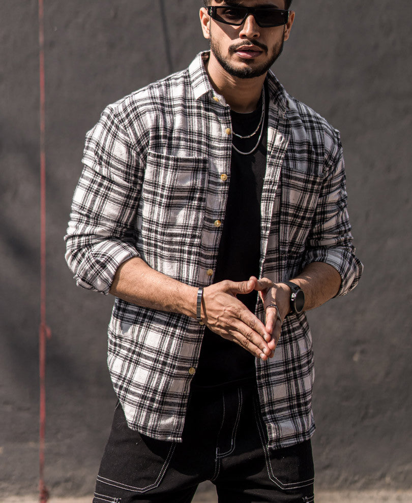 White Plaid Checks Oversize Drop Shoulder Shirt
