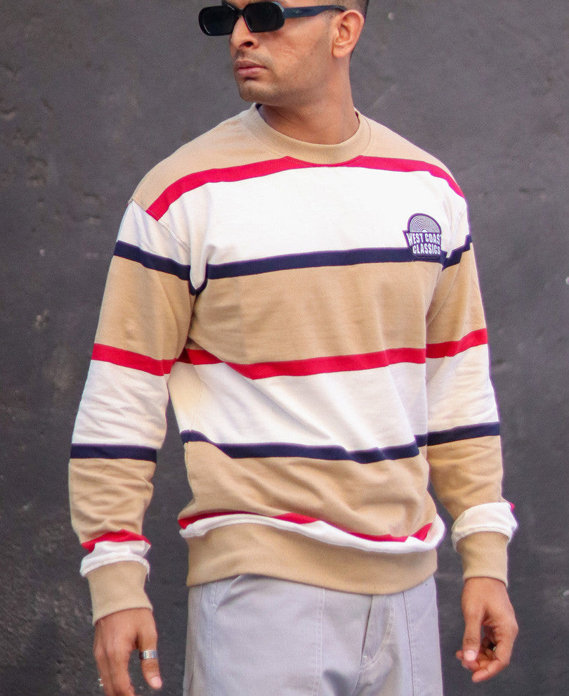 Beige Stripes Oversize Drop Shoulder T Shirt