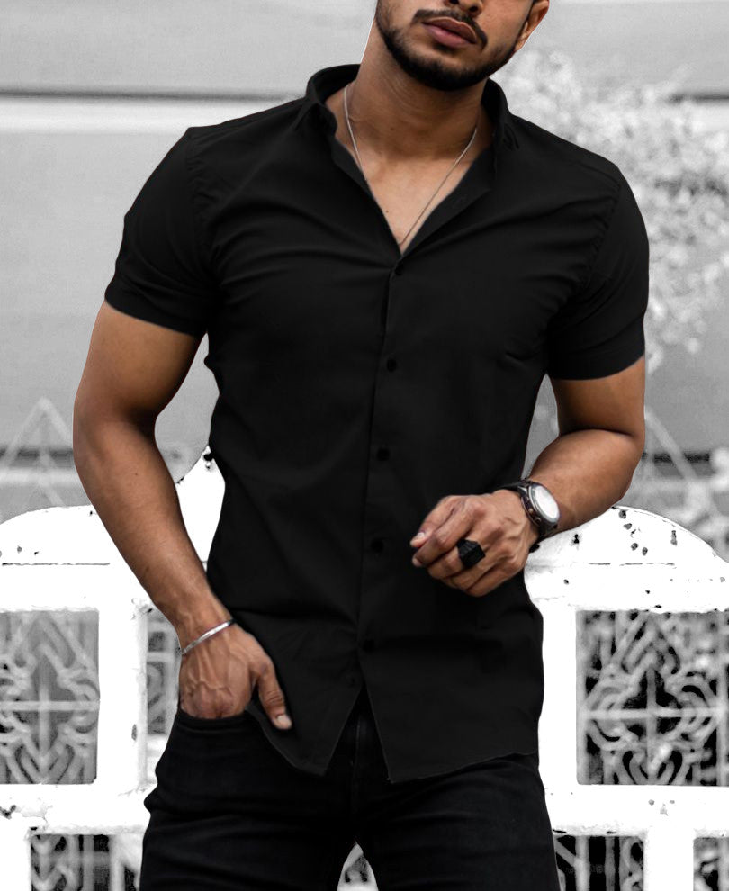 Black Plain Stretchable Causal Half Sleeves Shirt
