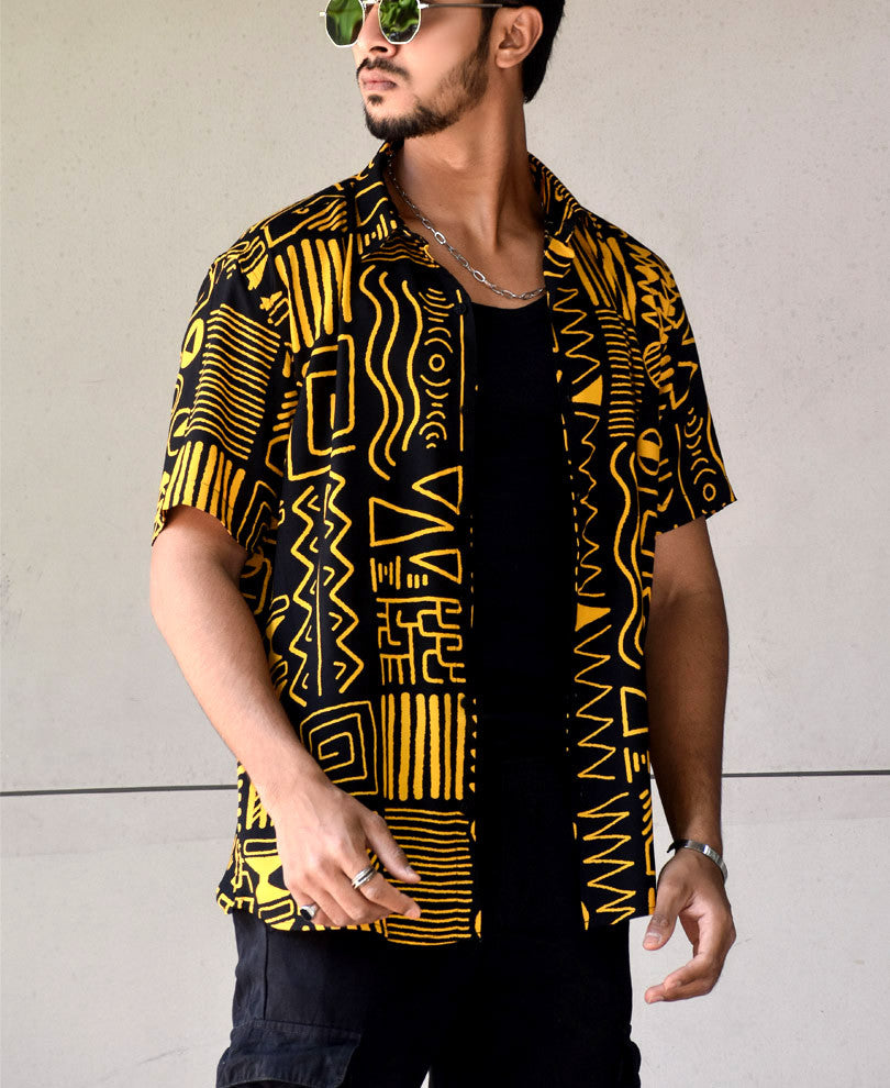 Mustard Geometric Print Half Sleeves Shirt