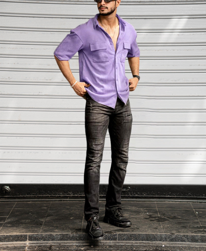 Purple Chest Pocket Oversize Half Sleeves Shirt