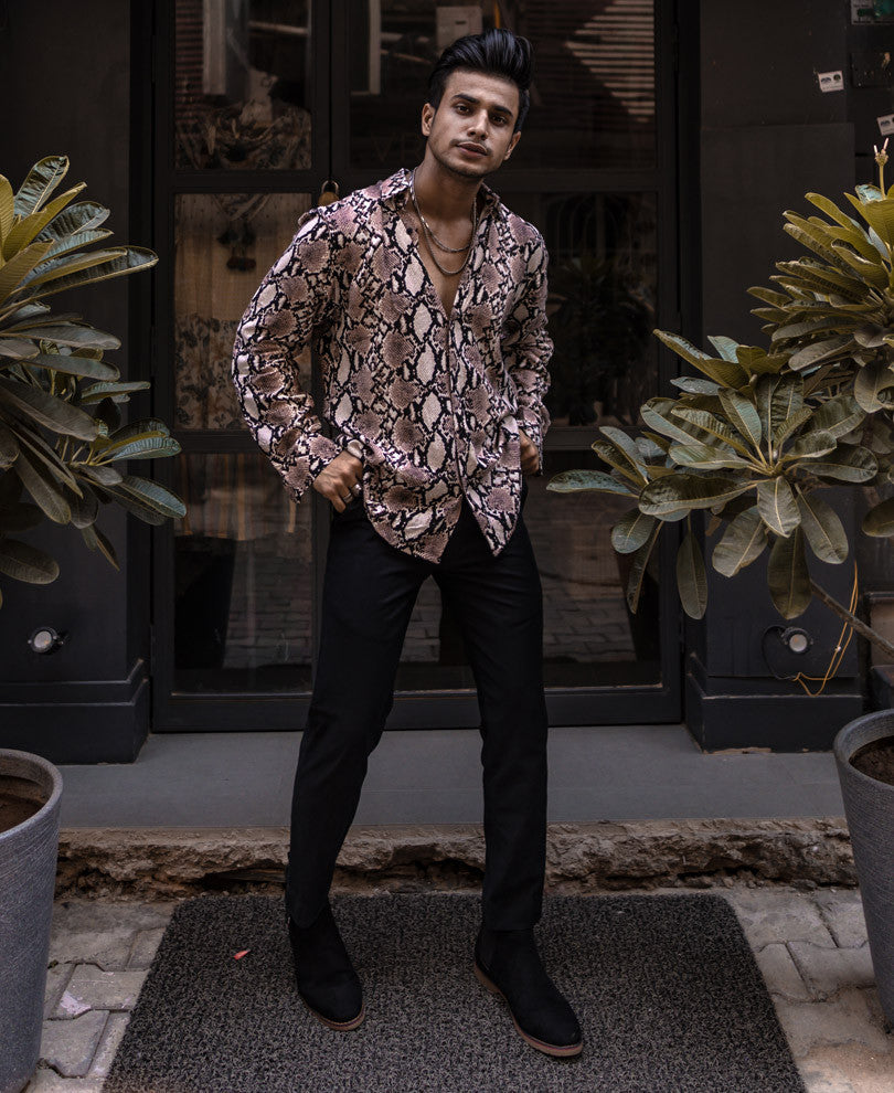 Beige Snake Skin Print Full Sleeves Shirt