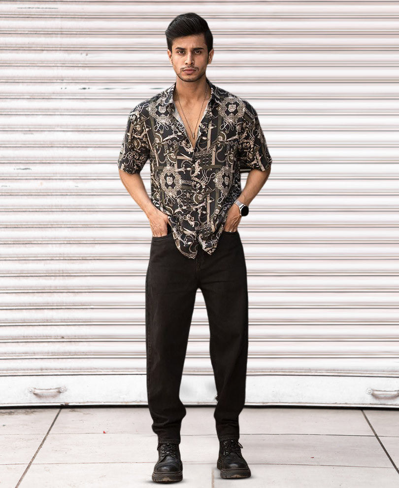 Olive Green Vintage Print Half Sleeves Shirt