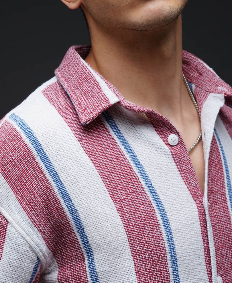 Red Striped Structured Oversize Drop Shoulder Shirt