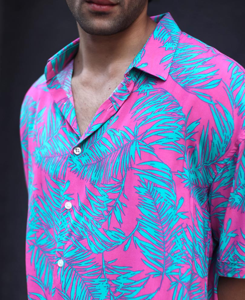Pink And Green Leaves Print Oversize Drop Shoulder Shirt
