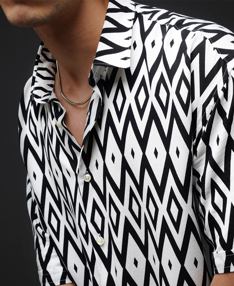 White Geo Print Oversize Drop Shoulder Shirt