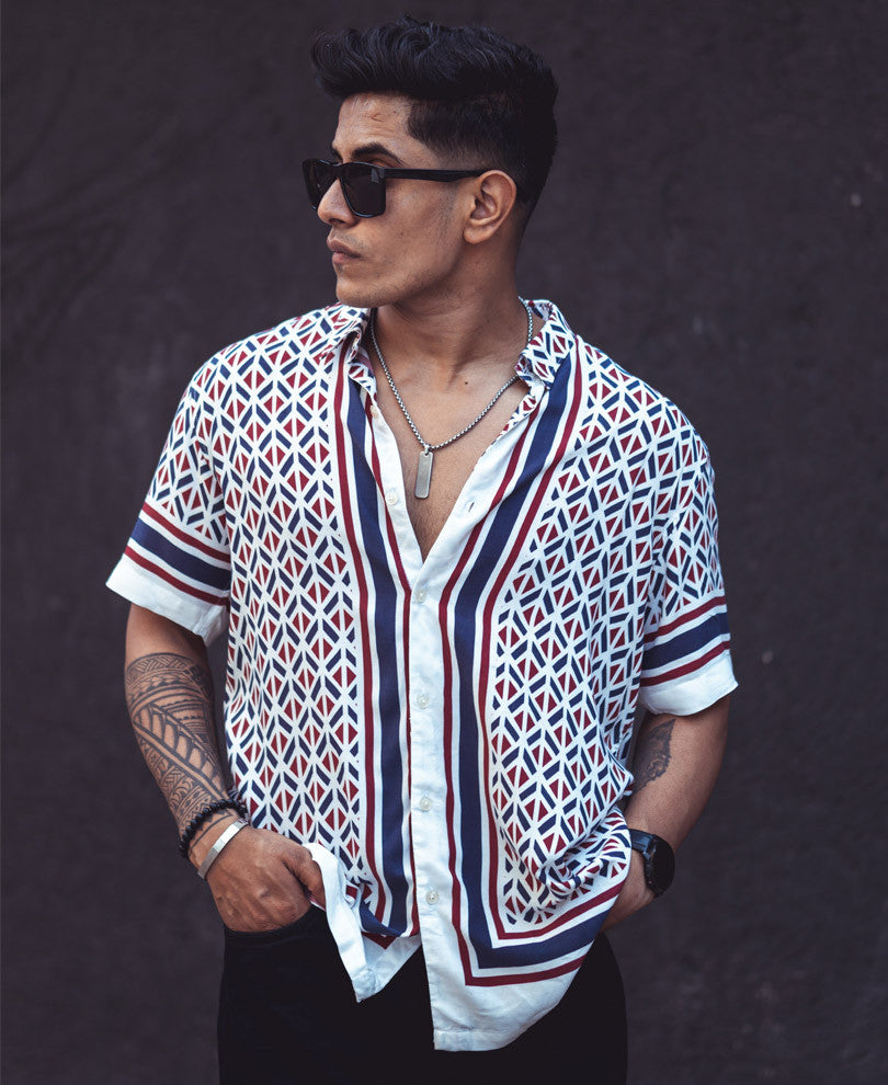 White Geo Print Half Sleeves Shirt