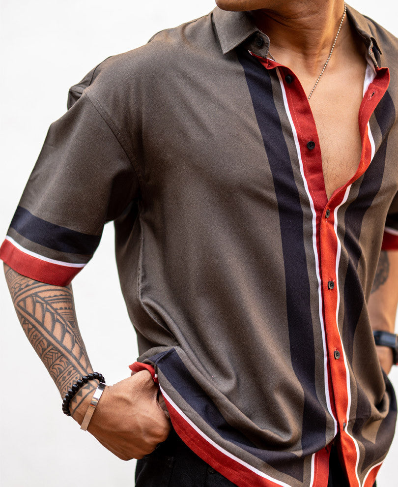 Dark Grey Bottom Striped Oversize Drop Shoulder Shirt