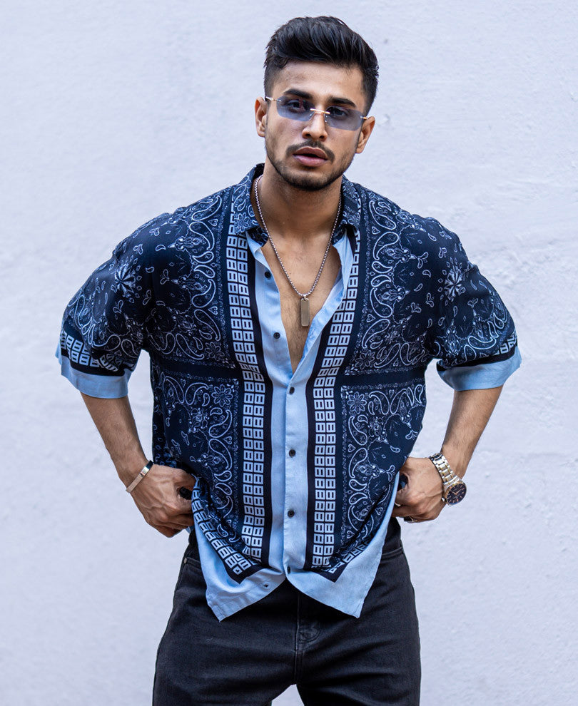 Navy Blue Paisley Print Oversize Drop Shoulder Shirt