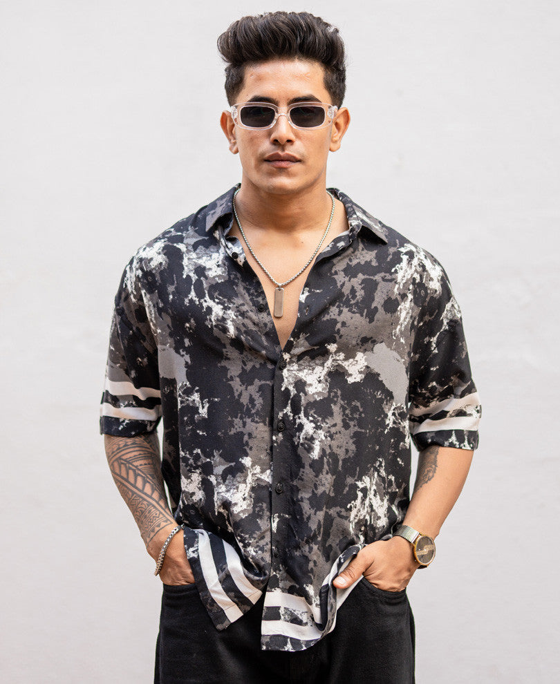 Black Tie Dye Print Oversize Drop Shoulder Shirt