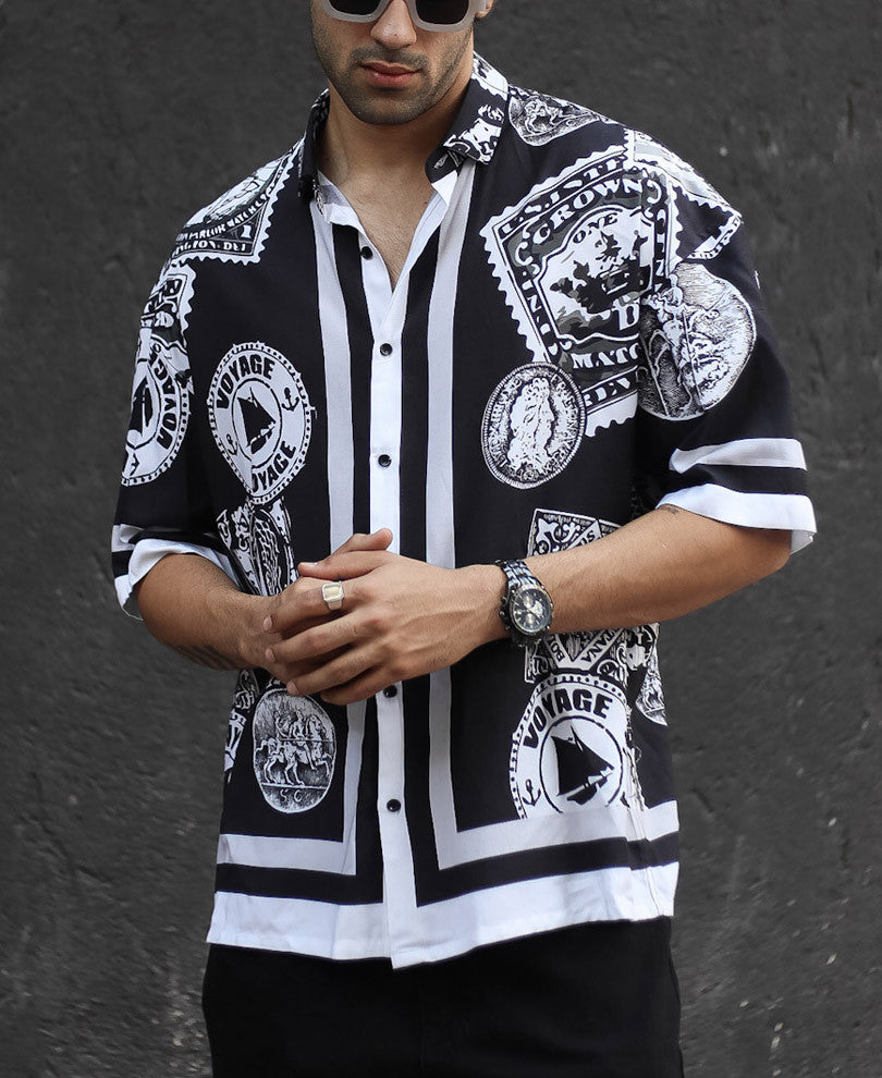 Black Voyage Print Oversize Drop Shoulder Shirt
