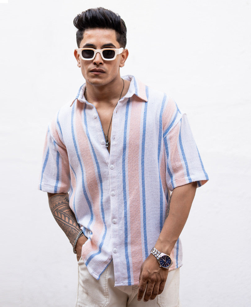 Peach Striped Structured Oversize Drop Shoulder Shirt