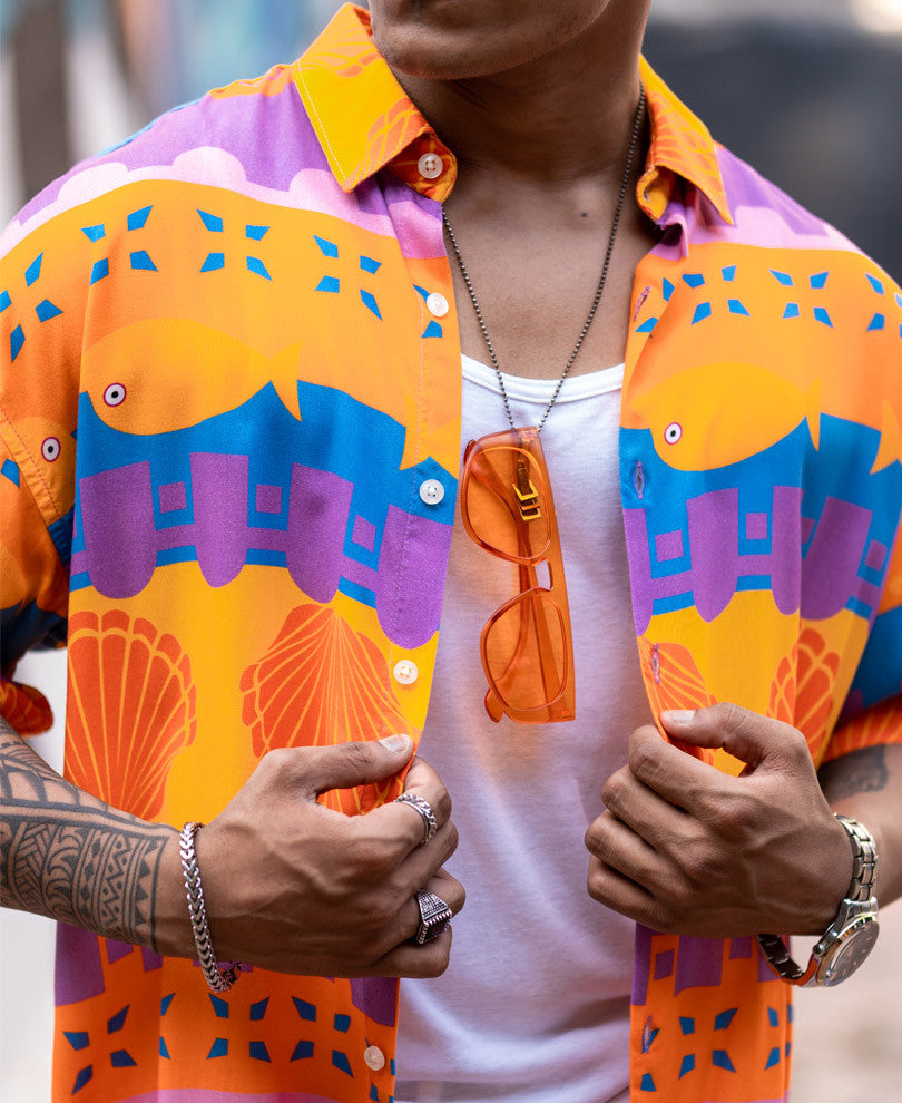 Multi Color Seashell Print Oversize Drop Shoulder Shirt