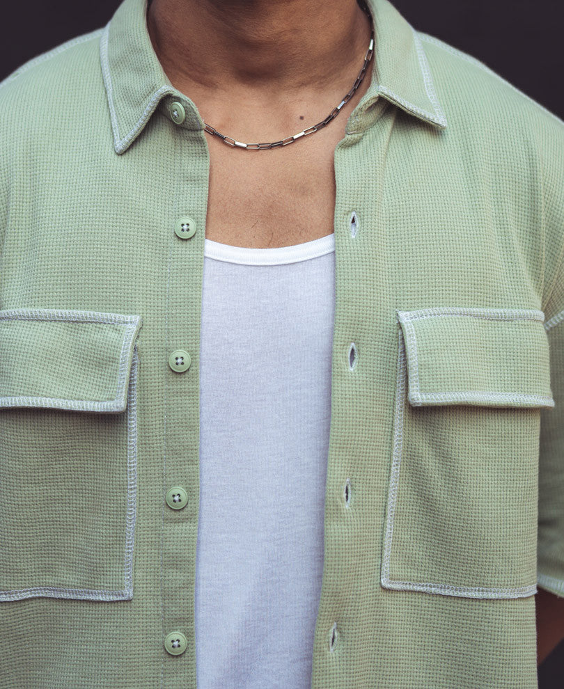 Pista Green Contrast Stitch Knitted Oversize Drop Shoulder Shirt