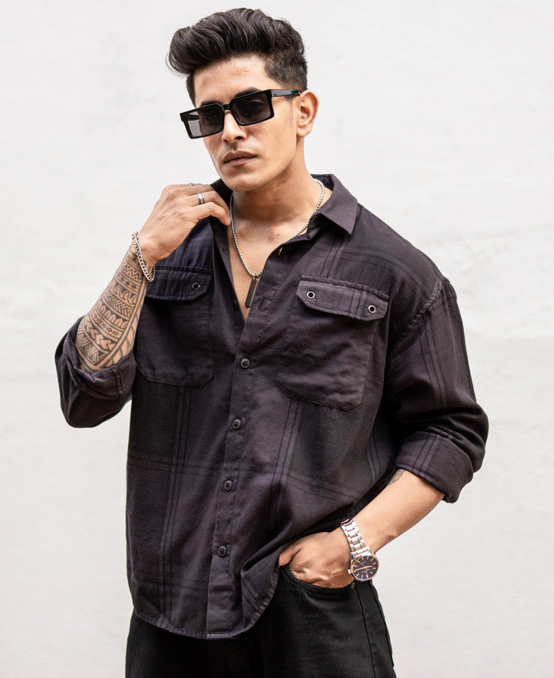 Dark Grey Double Pocket Checks Oversize Drop Shoulder Shirt