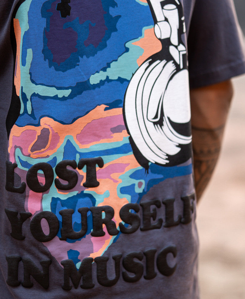 Dark Grey Lost Yourself In Music Back Print Oversize Drop Shoulder T Shirt
