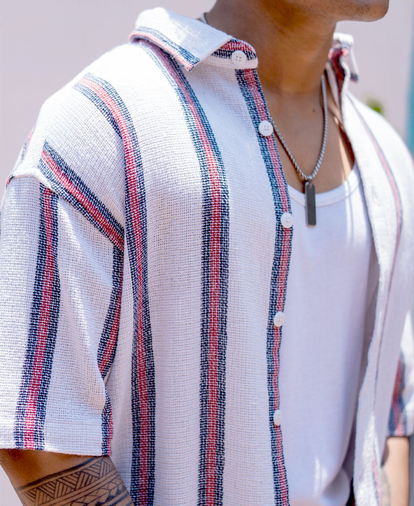 White Striped Structured Oversize Drop Shoulder Shirt