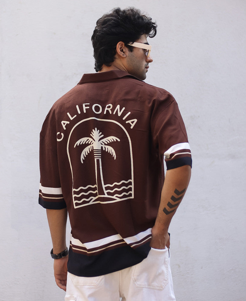 Brown California Back Print Oversize Drop Shoulder Shirt