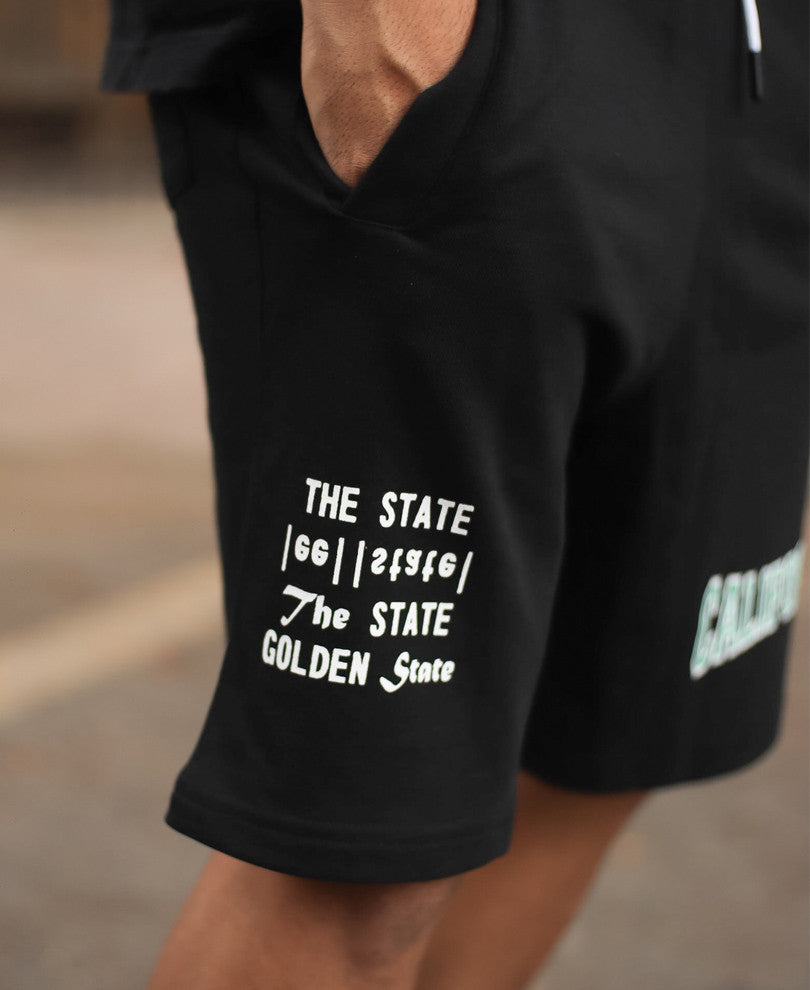 Black California Print Shorts
