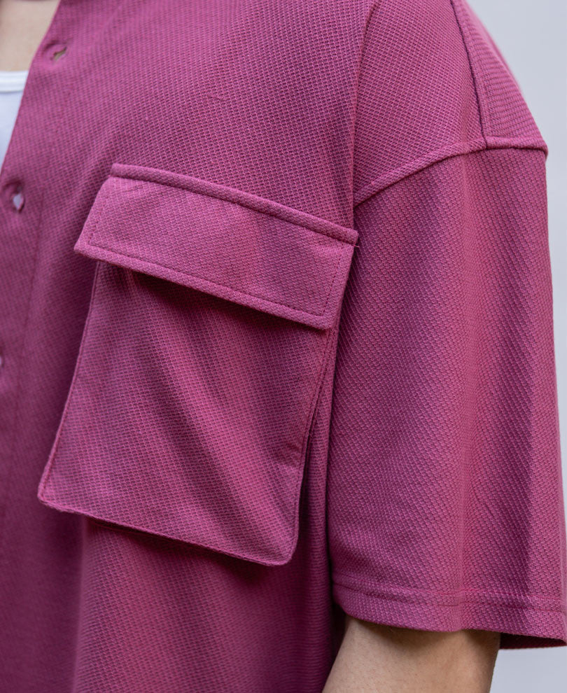 Pink Chest Pocket Knitted Oversize Drop Shoulder Shirt