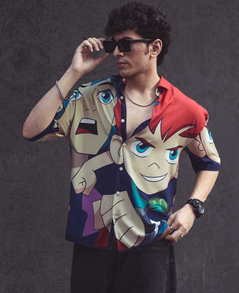 Mix Color Cartoon Print Oversize Drop Shoulder Shirt