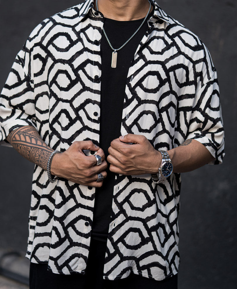 Black Geometric Print Oversize Drop Shoulder Shirt