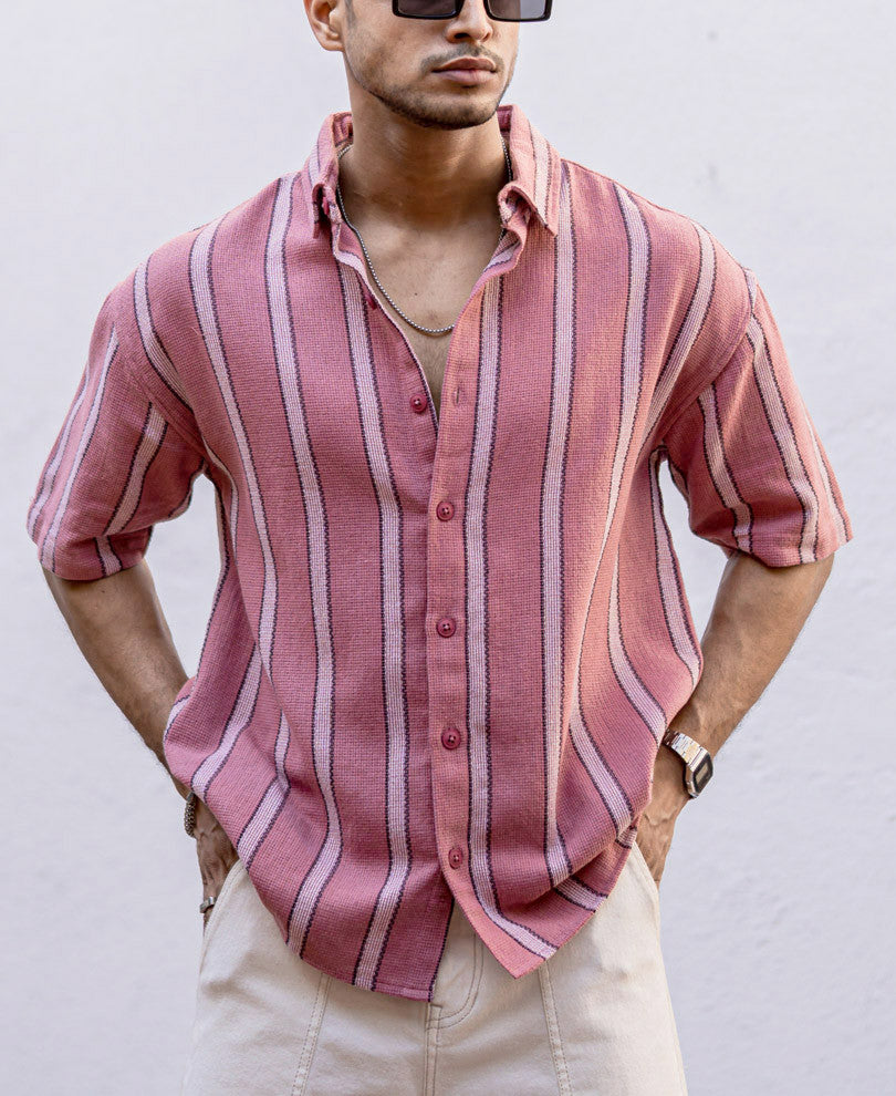 Pink Striped Structured Oversize Drop Shoulder Shirt