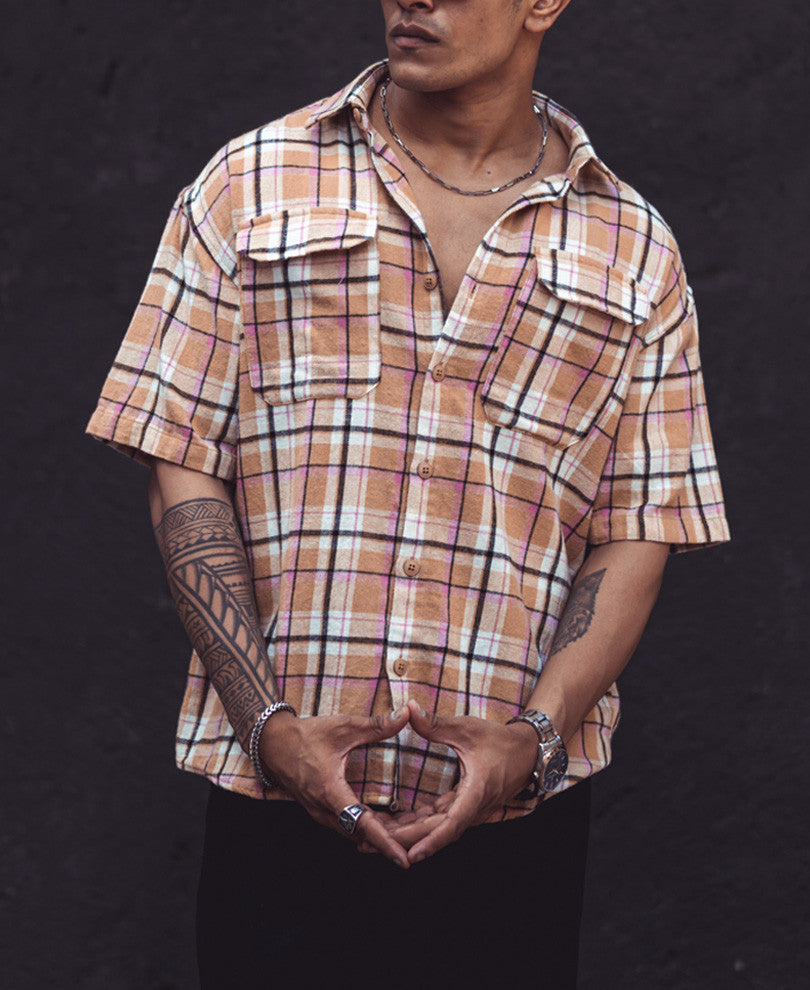 Cream Flap Pocket Checks Oversize Drop Shoulder Shirt