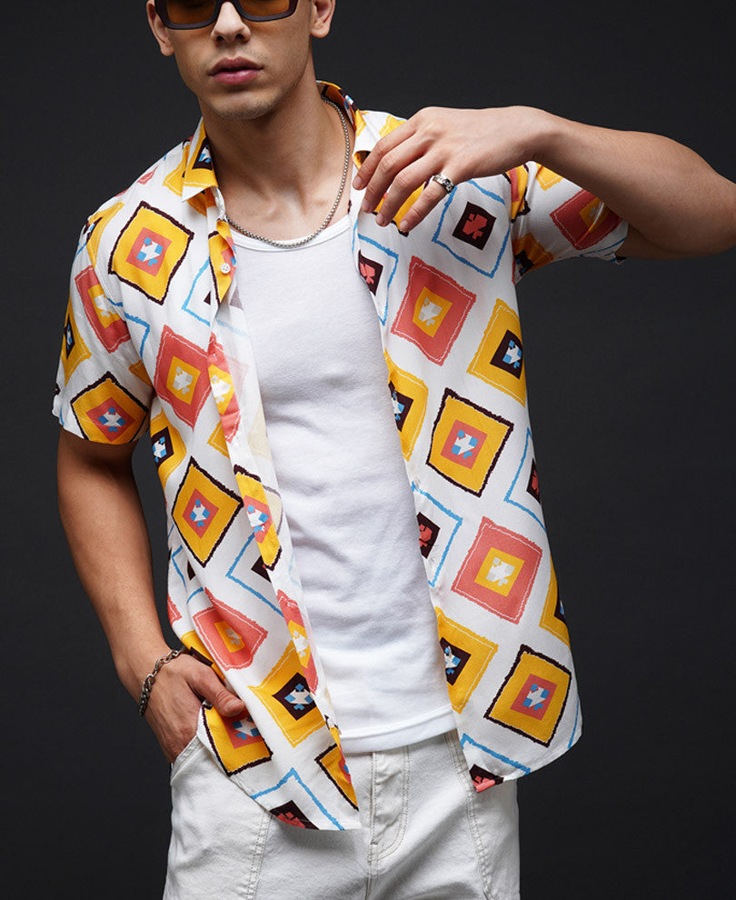 White And Mustard Diamond Print Half Sleeve Shirt