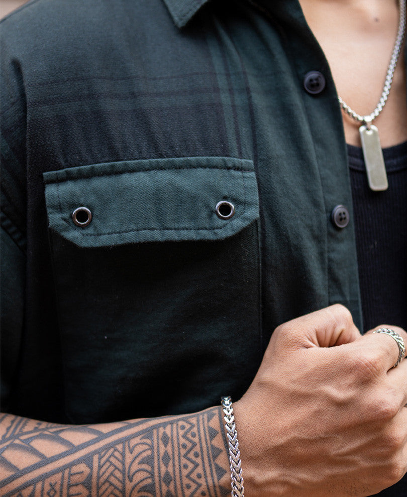 Olive Green Double Pocket Checks Oversize Drop Shoulder Shirt