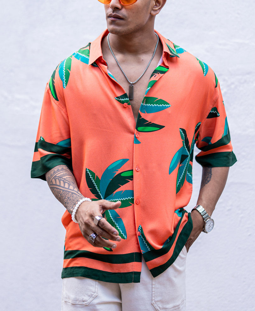 Orange Palm Leaves Print Oversize Drop Shoulder Shirt