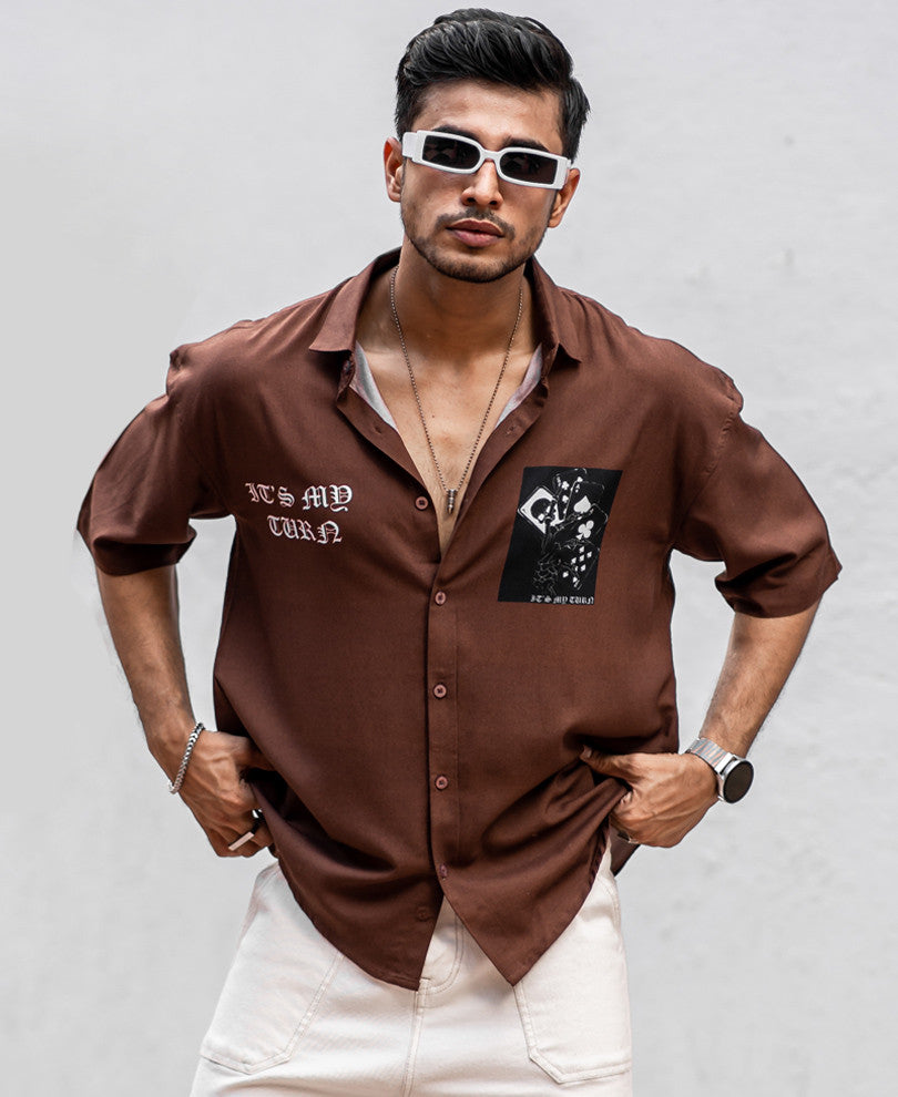 Brown It's My Turn Back Print Oversize Drop Shoulder Shirt