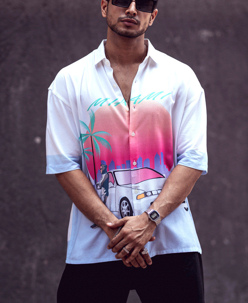 White Miami Print Oversize Drop Shoulder Shirt