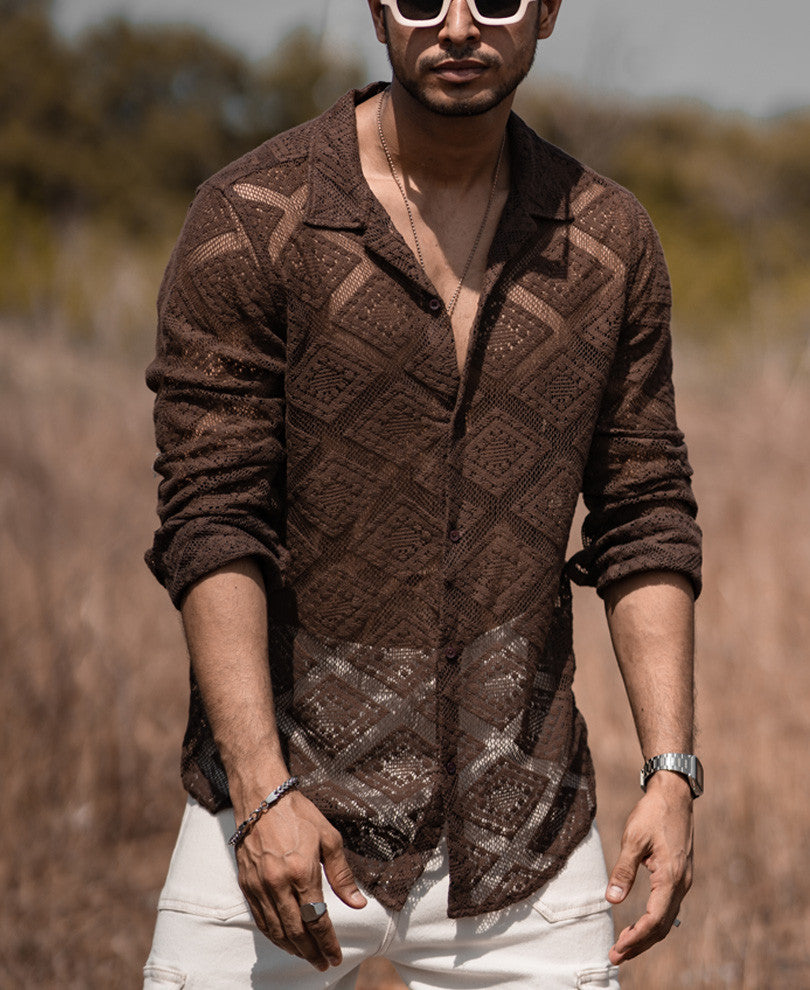 Dark Brown Sheer Pattern Full Sleeves Shirt