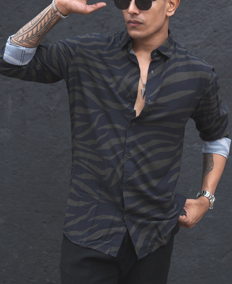 Green and Black Zebra Print Full Sleeves Shirt