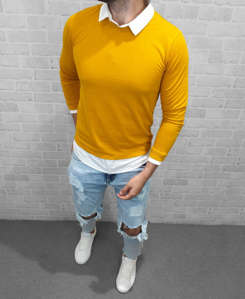 Mustard White Collar Full Sleeves T-Shirt