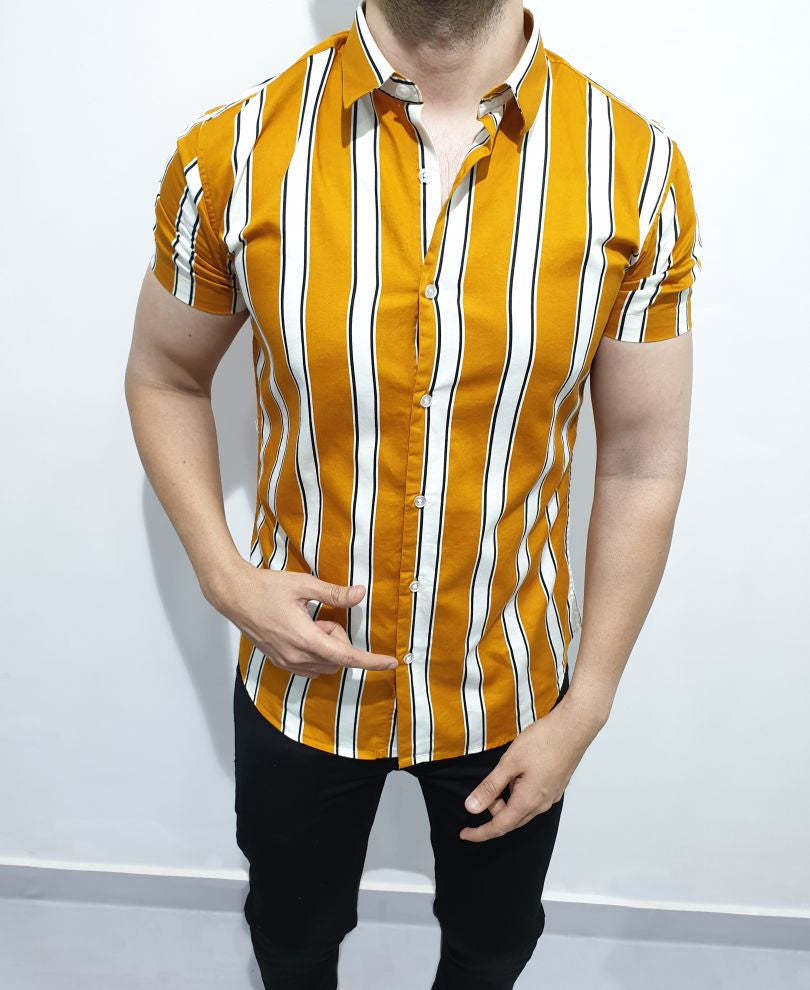 Mustard And White Stripes Print Half Sleeves Shirt
