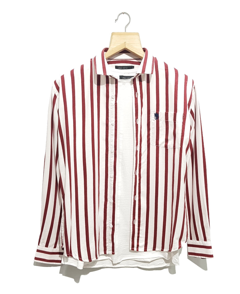 White And Maroon Vertical Stripes Shirt