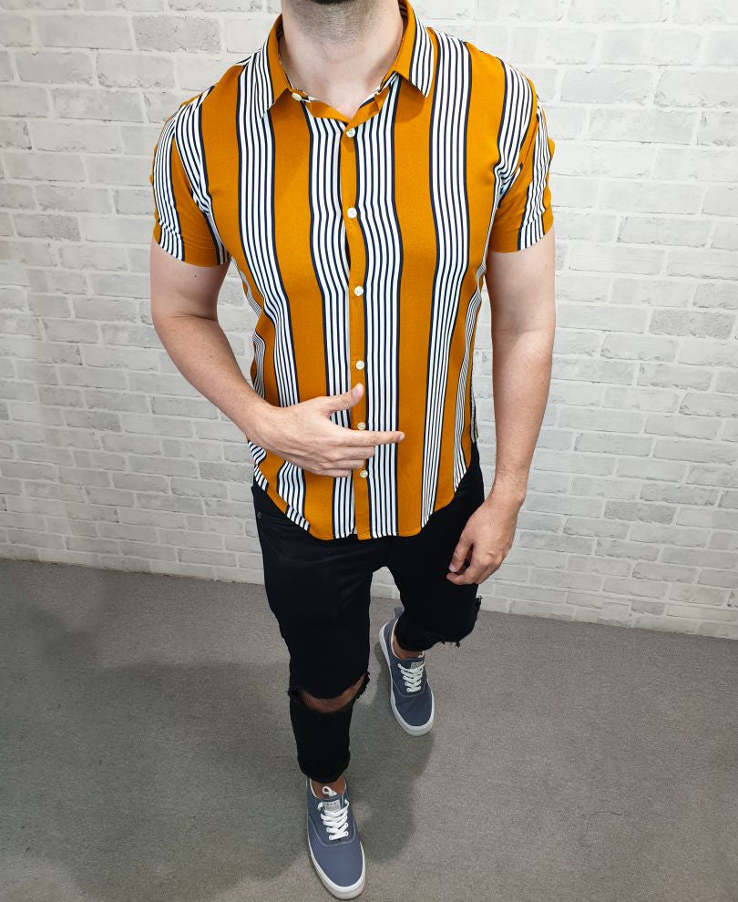 Mustard And Black Triple Stripe Half Sleeves Shirt