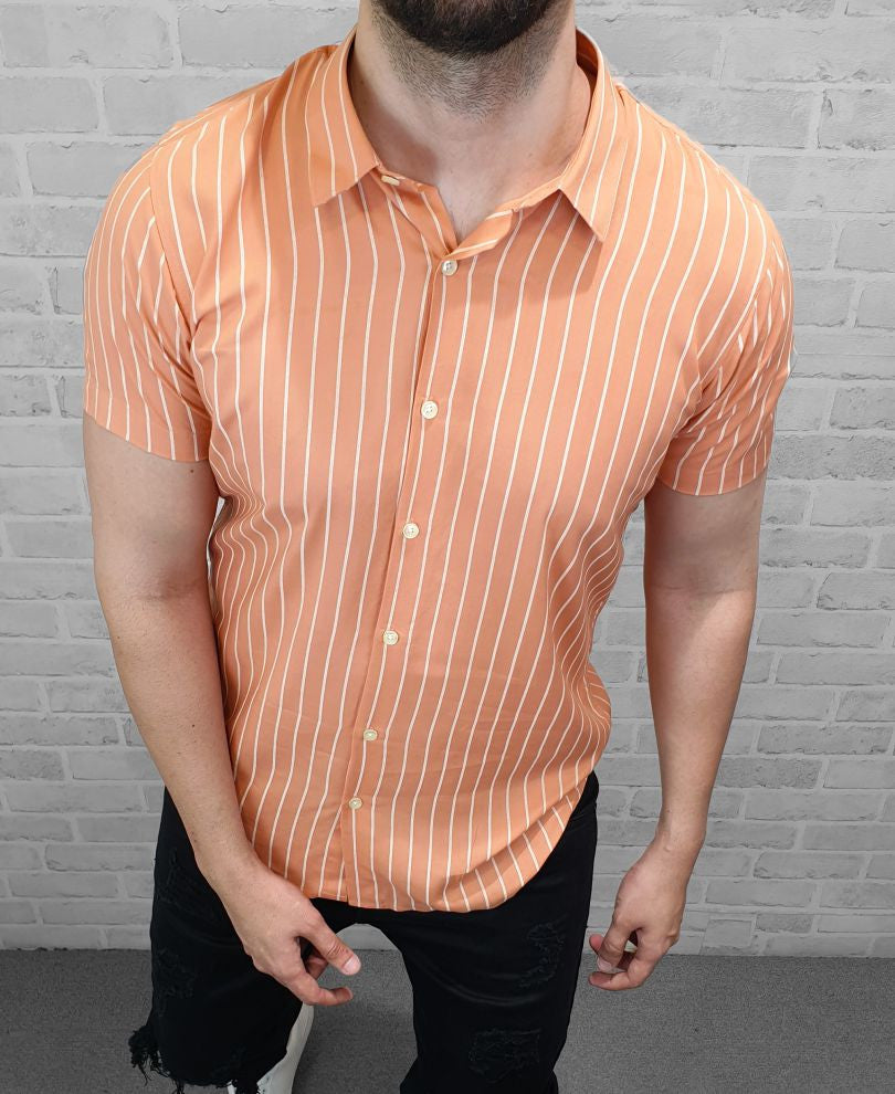 White And Pink Stripe Half Sleeves Shirt