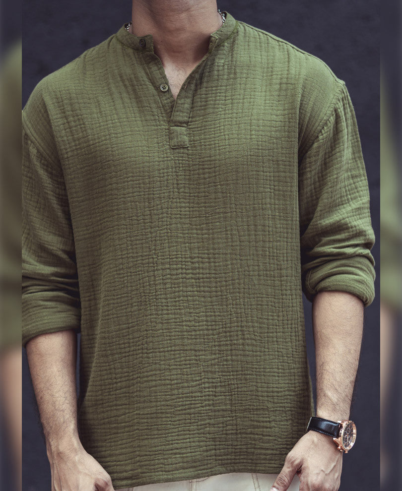 Olive Green Structured Kurta Style Oversize Drop Shoulder Shirt